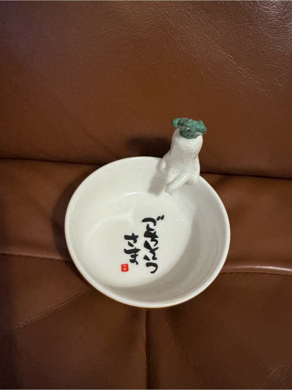 Japanese Ceramic Daikon Radish Bowl Sitting Figure Gochisosama Sauce Dish